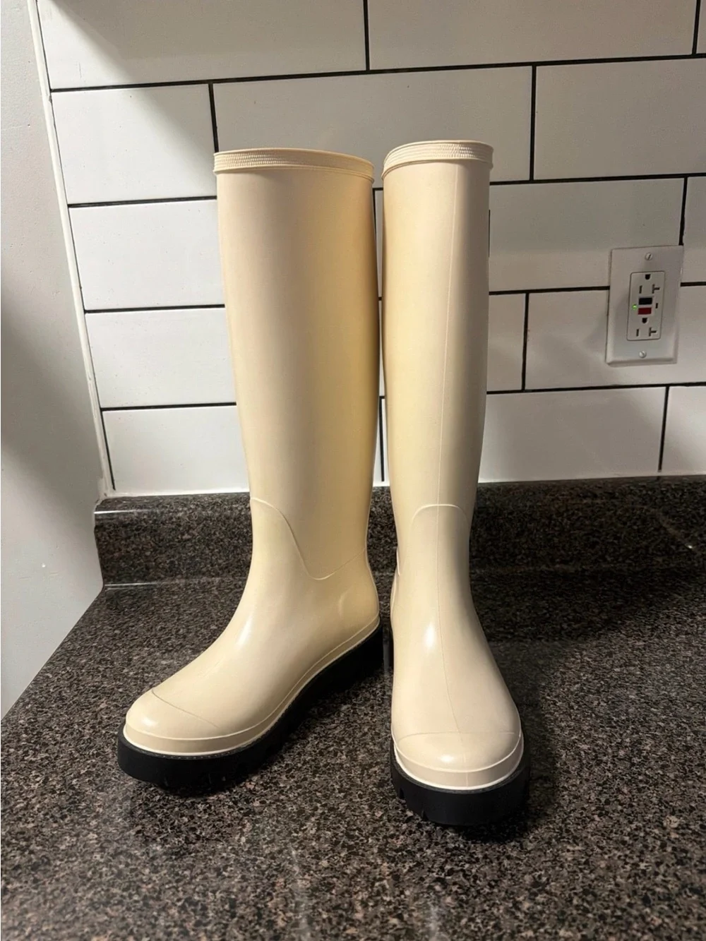 Twin-Set Cream Tall Women's Rain Boots with Black Sole